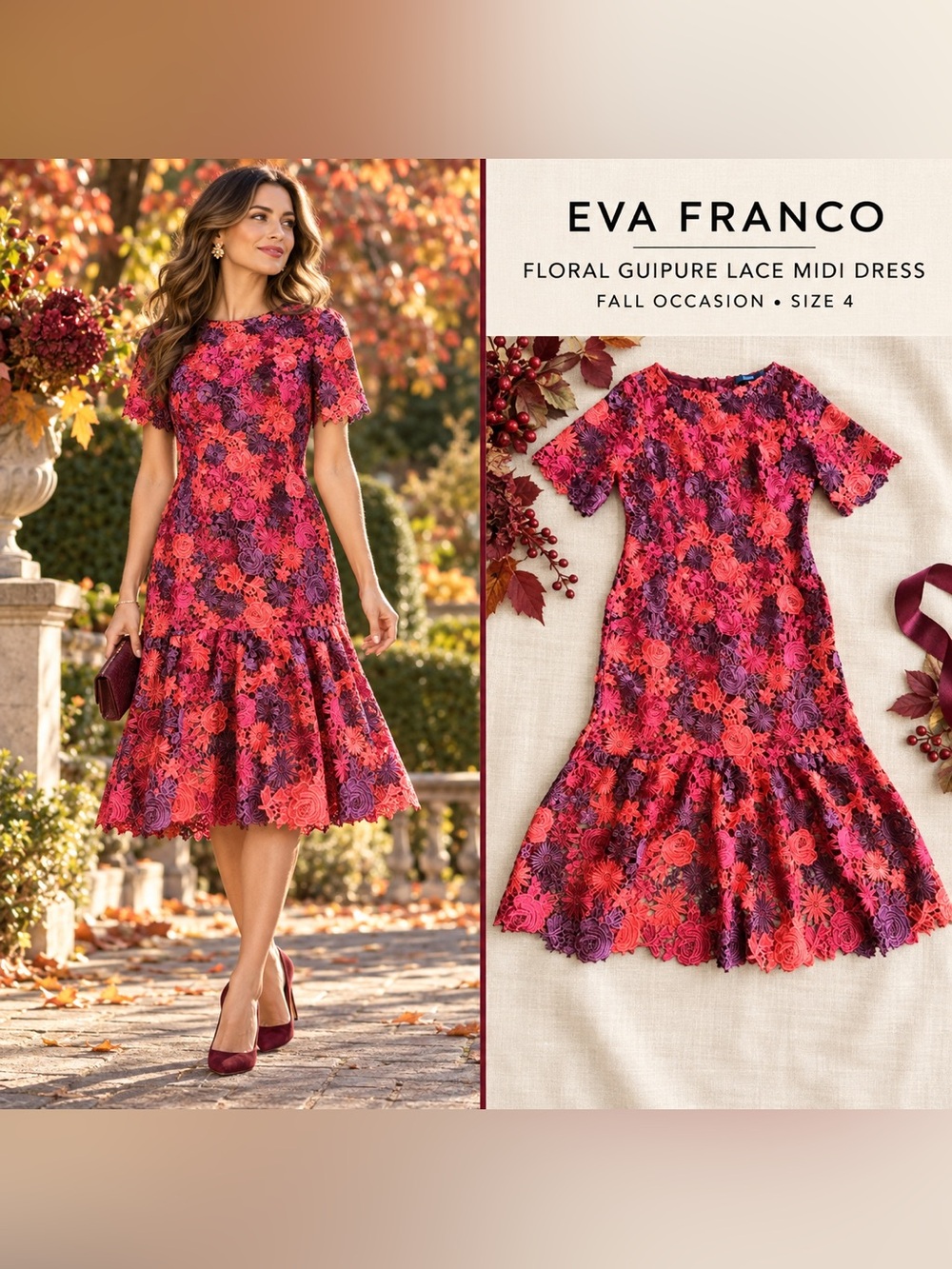 Eva Franco Multicolor Floral Guipure Lace Midi Dress Size 4 Fall Wedding Holiday